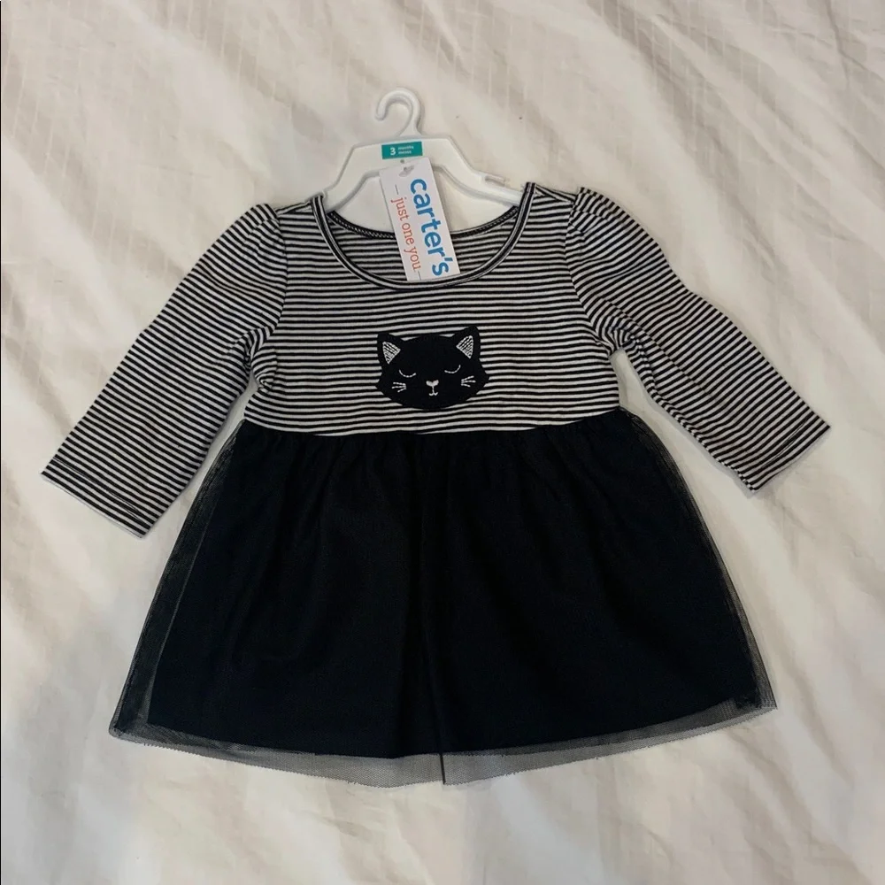 🖤 NWT Striped Cat Dress w/ Tulle Skirt & Diaper Cover - Carter’s - 3M 🖤